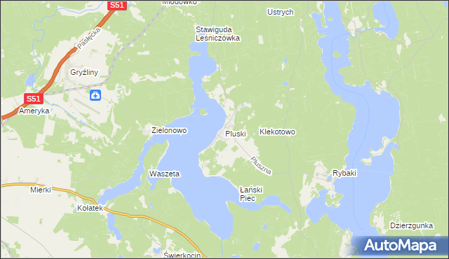 mapa Pluski gmina Stawiguda, Pluski gmina Stawiguda na mapie Targeo