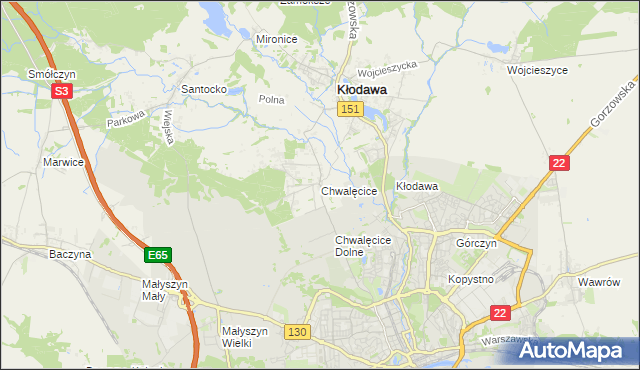 mapa Chwalęcice gmina Kłodawa, Chwalęcice gmina Kłodawa na mapie Targeo