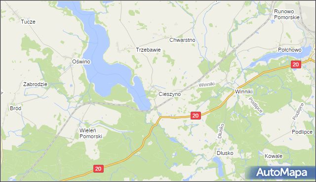 mapa Cieszyno gmina Węgorzyno, Cieszyno gmina Węgorzyno na mapie Targeo