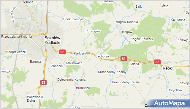 mapa Bachorza gmina Sokołów Podlaski, Bachorza gmina Sokołów Podlaski na mapie Targeo