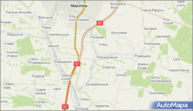 mapa Parkoszowice gmina Miechów, Parkoszowice gmina Miechów na mapie Targeo