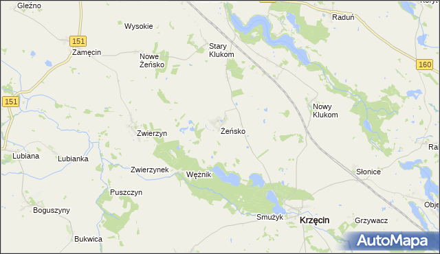 mapa Żeńsko gmina Krzęcin, Żeńsko gmina Krzęcin na mapie Targeo