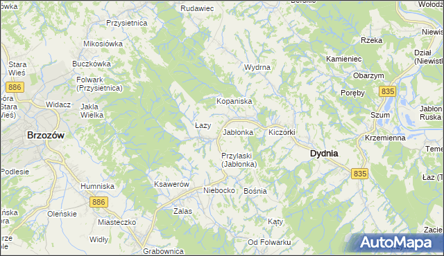 mapa Jabłonka gmina Dydnia, Jabłonka gmina Dydnia na mapie Targeo