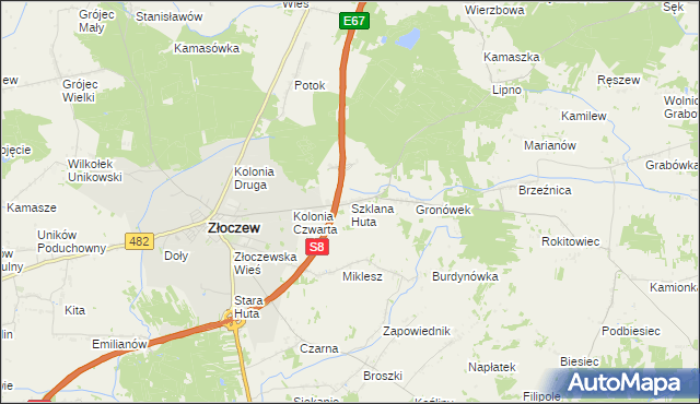 mapa Szklana Huta gmina Złoczew, Szklana Huta gmina Złoczew na mapie Targeo