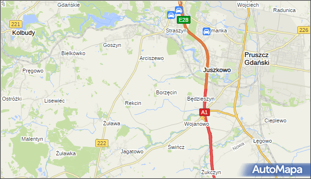 mapa Borzęcin gmina Pruszcz Gdański, Borzęcin gmina Pruszcz Gdański na mapie Targeo
