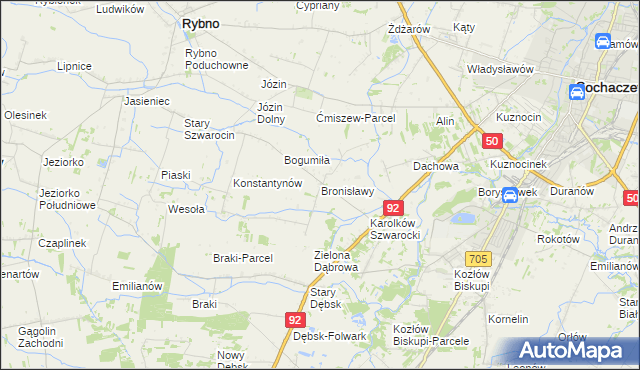 mapa Bronisławy gmina Rybno, Bronisławy gmina Rybno na mapie Targeo