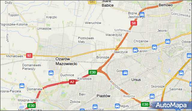 mapa Bronisze gmina Ożarów Mazowiecki, Bronisze gmina Ożarów Mazowiecki na mapie Targeo