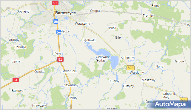 mapa Czerwona Górka gmina Bartoszyce, Czerwona Górka gmina Bartoszyce na mapie Targeo
