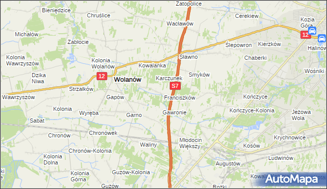 mapa Franciszków gmina Wolanów, Franciszków gmina Wolanów na mapie Targeo