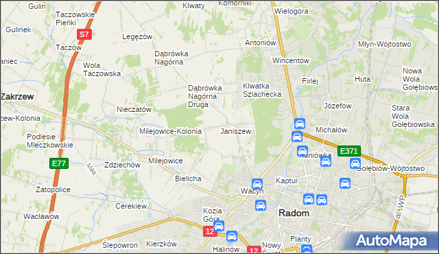 mapa Janiszew gmina Zakrzew, Janiszew gmina Zakrzew na mapie Targeo