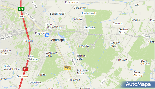 mapa Justynów gmina Andrespol, Justynów gmina Andrespol na mapie Targeo