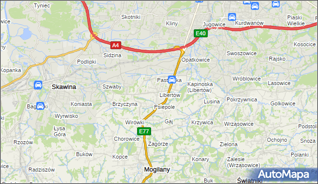 mapa Libertów gmina Mogilany, Libertów gmina Mogilany na mapie Targeo