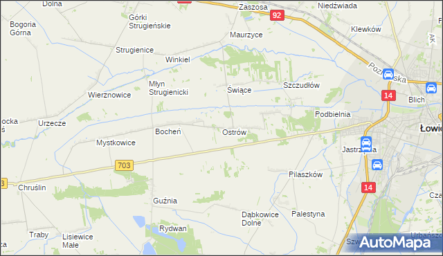 mapa Ostrów gmina Łowicz, Ostrów gmina Łowicz na mapie Targeo