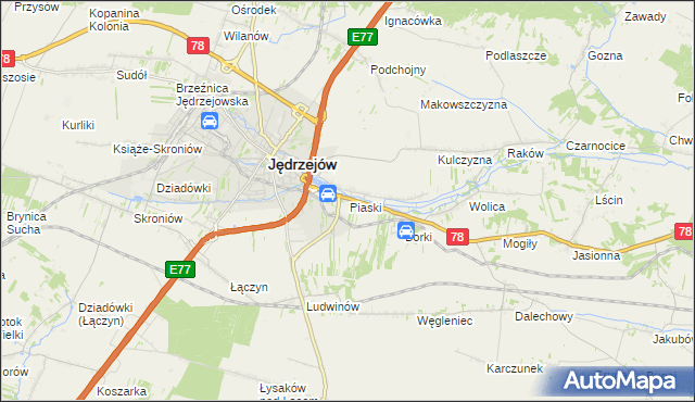 mapa Piaski gmina Jędrzejów, Piaski gmina Jędrzejów na mapie Targeo