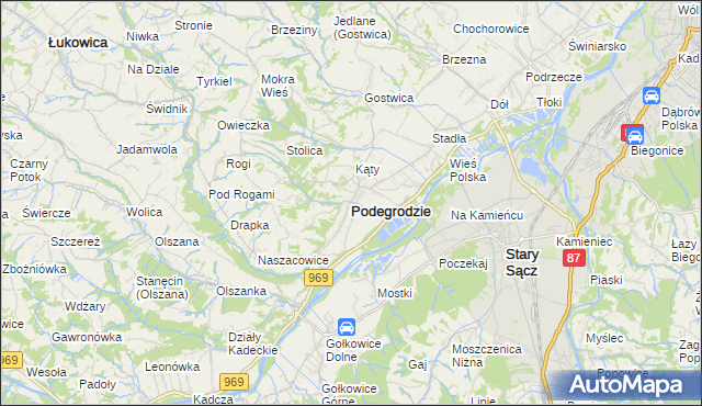 mapa Podegrodzie powiat nowosądecki, Podegrodzie powiat nowosądecki na mapie Targeo