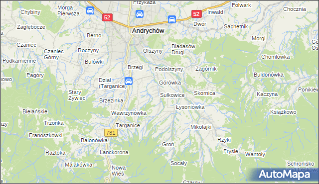 mapa Sułkowice gmina Andrychów, Sułkowice gmina Andrychów na mapie Targeo