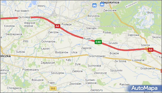 mapa Zagórze gmina Niepołomice, Zagórze gmina Niepołomice na mapie Targeo