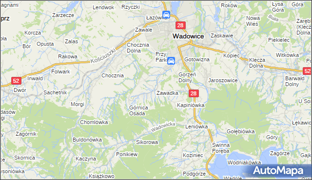 mapa Zawadka gmina Wadowice, Zawadka gmina Wadowice na mapie Targeo