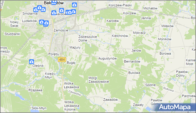 mapa Augustynów gmina Bełchatów, Augustynów gmina Bełchatów na mapie Targeo