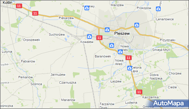 mapa Baranówek gmina Pleszew, Baranówek gmina Pleszew na mapie Targeo