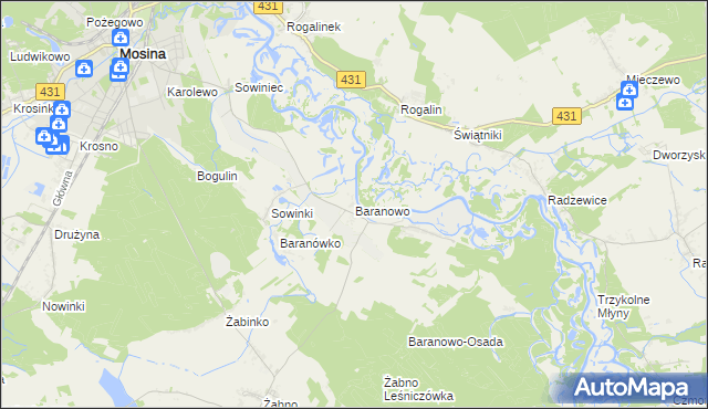 mapa Baranowo gmina Mosina, Baranowo gmina Mosina na mapie Targeo