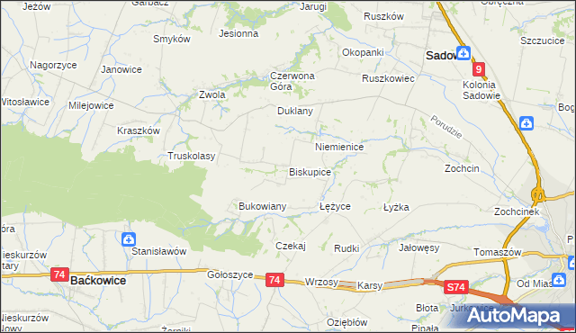 mapa Biskupice gmina Sadowie, Biskupice gmina Sadowie na mapie Targeo