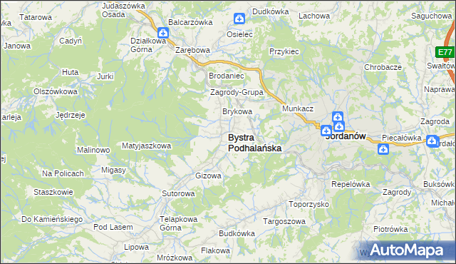 mapa Bystra Podhalańska, Bystra Podhalańska na mapie Targeo