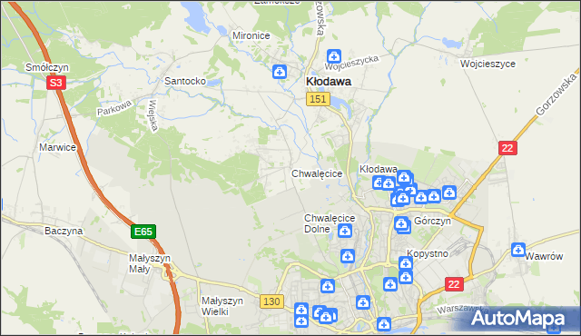 mapa Chwalęcice gmina Kłodawa, Chwalęcice gmina Kłodawa na mapie Targeo