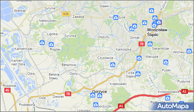 mapa Czyżowice gmina Gorzyce, Czyżowice gmina Gorzyce na mapie Targeo