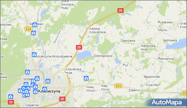 mapa Dobrogoszcz gmina Kościerzyna, Dobrogoszcz gmina Kościerzyna na mapie Targeo