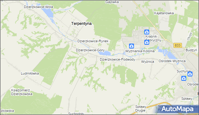 mapa Dzierzkowice-Podwody, Dzierzkowice-Podwody na mapie Targeo