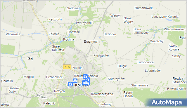 mapa Felicjanów gmina Koluszki, Felicjanów gmina Koluszki na mapie Targeo