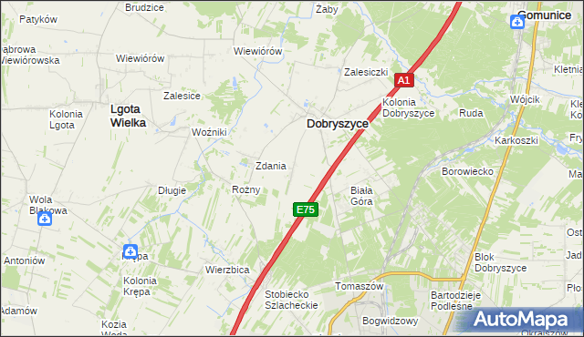 mapa Galonki gmina Dobryszyce, Galonki gmina Dobryszyce na mapie Targeo
