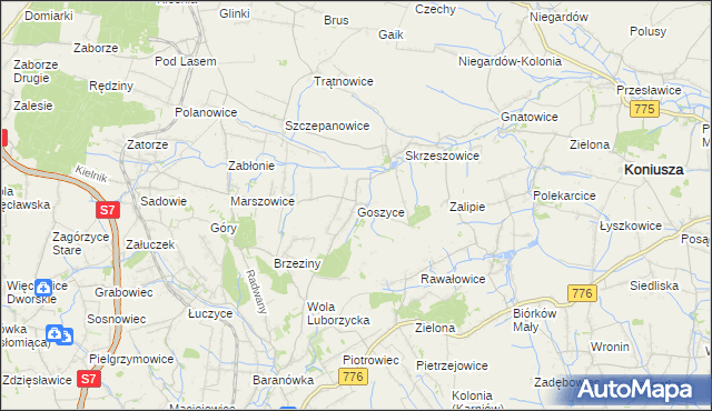 mapa Goszyce gmina Kocmyrzów-Luborzyca, Goszyce gmina Kocmyrzów-Luborzyca na mapie Targeo