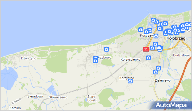 mapa Grzybowo gmina Kołobrzeg, Grzybowo gmina Kołobrzeg na mapie Targeo