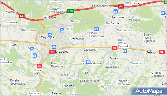 mapa Jadowniki gmina Brzesko, Jadowniki gmina Brzesko na mapie Targeo