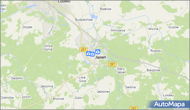 mapa Jasień powiat żarski, Jasień powiat żarski na mapie Targeo