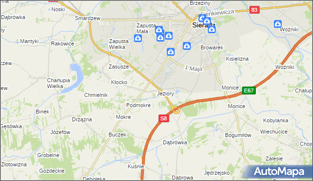 mapa Jeziory gmina Sieradz, Jeziory gmina Sieradz na mapie Targeo