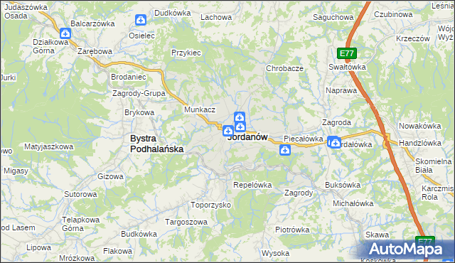 mapa Jordanów powiat suski, Jordanów powiat suski na mapie Targeo