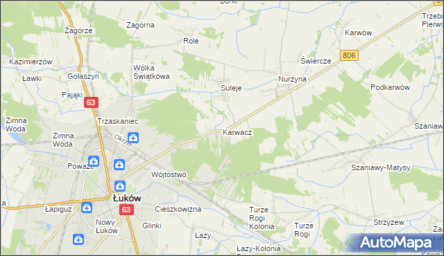 mapa Karwacz gmina Łuków, Karwacz gmina Łuków na mapie Targeo