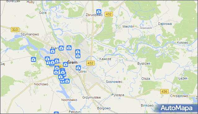 mapa Kawcze gmina Śrem, Kawcze gmina Śrem na mapie Targeo