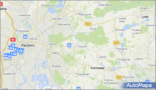 mapa Kobyla gmina Kornowac, Kobyla gmina Kornowac na mapie Targeo