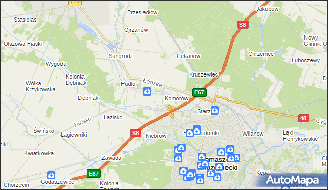 mapa Komorów gmina Tomaszów Mazowiecki, Komorów gmina Tomaszów Mazowiecki na mapie Targeo