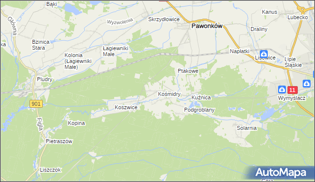 mapa Kośmidry gmina Pawonków, Kośmidry gmina Pawonków na mapie Targeo
