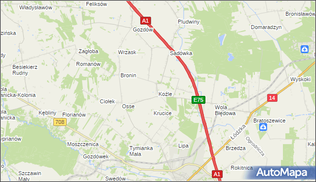 mapa Koźle gmina Stryków, Koźle gmina Stryków na mapie Targeo