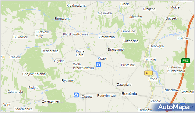 mapa Krzaki gmina Brzeźnio, Krzaki gmina Brzeźnio na mapie Targeo