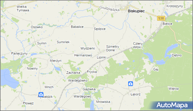 mapa Lipinki gmina Biskupiec, Lipinki gmina Biskupiec na mapie Targeo