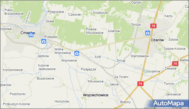 mapa Ługi gmina Wojciechowice, Ługi gmina Wojciechowice na mapie Targeo