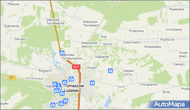 mapa Majdanek gmina Tomaszów Lubelski, Majdanek gmina Tomaszów Lubelski na mapie Targeo
