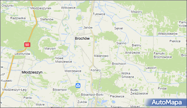 mapa Malanowo gmina Brochów, Malanowo gmina Brochów na mapie Targeo